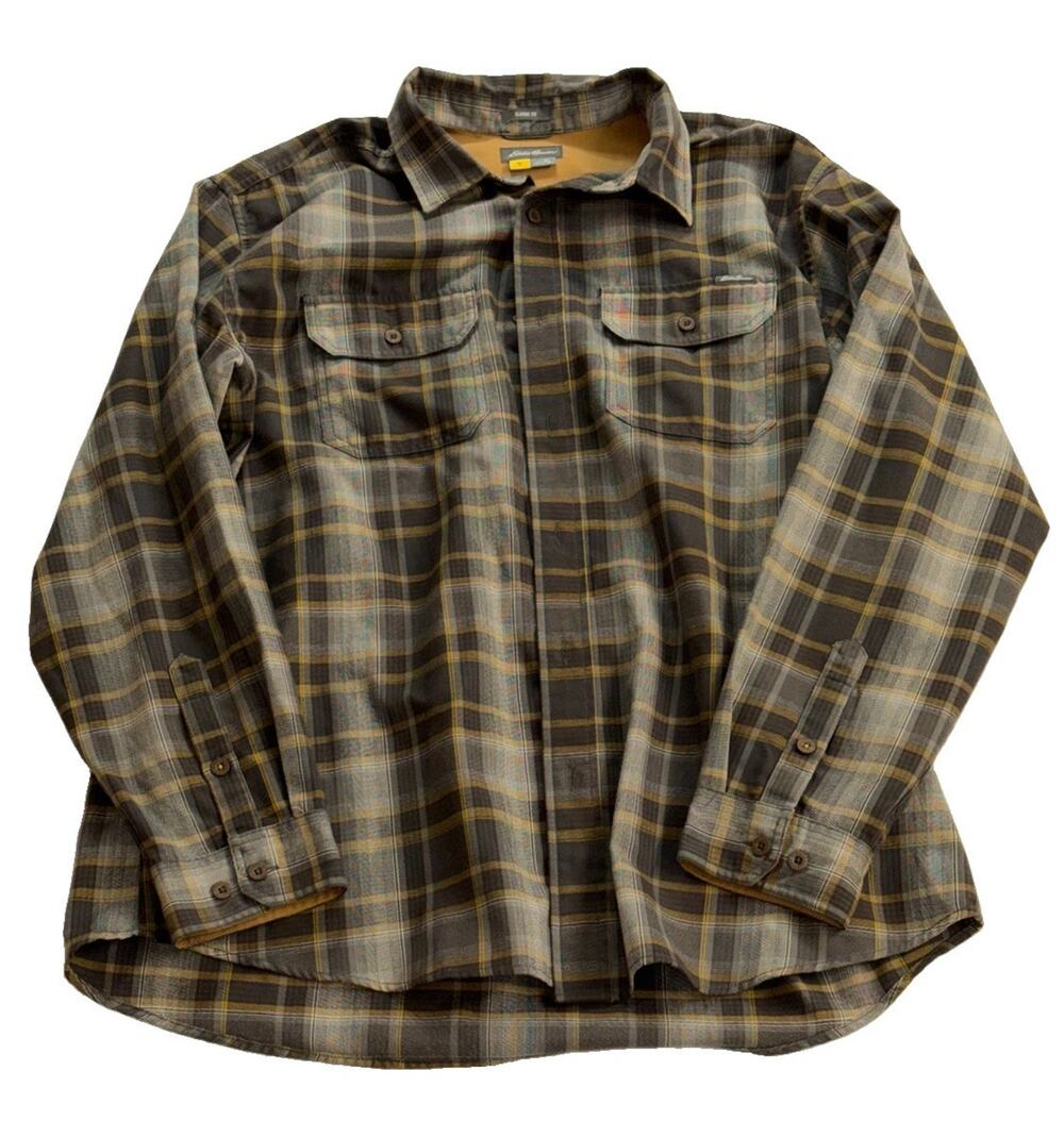 Eddie Bauer Menโs XL Classic Fit Plaid Flannel Shirt Gray Brown Outdoor